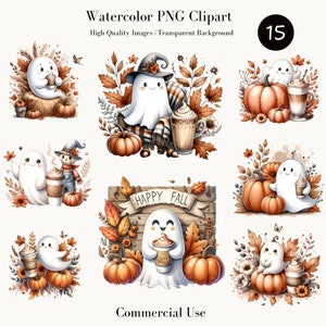 Imágenes Prediseñadas de Halloween en acuarela: lindas imágenes de café de otoño fantasma, gráficos de calabaza de otoño, descarga digital, ilustraciones de temporada espeluznantes, transparente