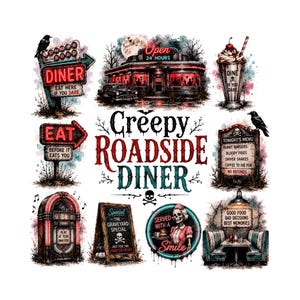 May include: A graphic illustration titled Creepy Roadside Diner featuring a collection of spooky diner-themed elements including a neon sign, a dark building, a milkshake, a jukebox, a menu board, and a skeleton server with red and black accents.