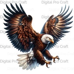 May include: A brown and white bald eagle with its wings spread wide, flying with its talons extended. The eagle has a fierce expression on its face.