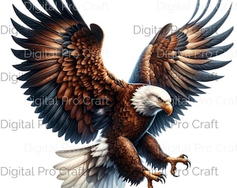 Majestic Bald Eagle Clipart for Instant Download - Fierce Bird of Prey PNG Design for T-Shirt, Scrapbook Sublimation Projects DTF Transfer