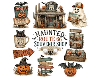 Haunted Route 66 Clipart | Spooky Souvenir Shop PNG | Vintage Halloween Travel Bundle | Rustic Ghost & Pumpkin Graphics for Sublimation
