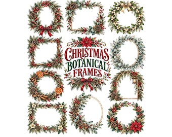 Christmas Botanical Frames Clipart | Winter Wreath PNG Bundle | Holiday Greenery Borders | Poinsettia & Holly Wreaths for Card Making