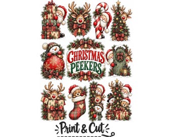 Christmas Peekers Clipart Bundle | Santa Reindeer Snowman PDF | Festive Holiday Print and Cut Graphics | Vintage Rustic Christmas Designs
