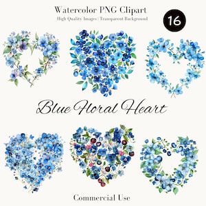 16 Blue Floral Heart Clipart, Cherry & Forget Me Not PNGs, Watercolor Printable Art for Digital Downloads Paper Crafts, Junk Journal