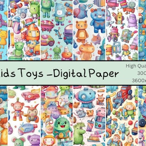 Set von 12 Muster Spielzeug digitales Papier, Toy Pack Spielzeug Scrapbook Papier, Hintergründe Papier, Spielzeug Clipart, digitale Papiere, Instant Download