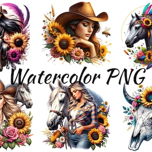 Aquarelle cow-girls et tournesols Collection Clipart, PNG fleurs roses, tournesol PNG, fille tatouée, cheval PNG Bundle, usage Commercial
