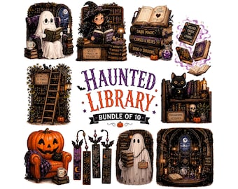 Haunted Library Clipart Bundle | Ghost Librarian, Witchy Books, Dark Academia PNG, Spooky Bookish Graphics for Junk Journals & Stickers