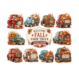 Peut inclure: Un ensemble d'images numériques représentant divers camions anciens chargés de citrouilles, de tournesols et de feuillages d'automne. L'emblème central affiche le texte Welcome Fall Farm Truck Clipart Bundle entouré de véhicules de récolte.