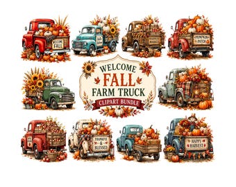 Fall Farm Truck Clipart Bundle | Vintage Pumpkin Truck PNG |Autumn Harvest Graphics | Rustic Farmhouse Sublimation Designs |Digital Download