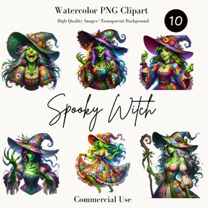 Spooky Witch Watercolor PNG Clipart – Halloween Digital Download, Witch Clipart Set, High Quality Images, Commercial Use
