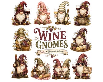 Paquete de imágenes prediseñadas de gnomos del vino, PNG de amigos del viñedo, gráficos rústicos de cata de vinos, gnomos de acuarela para sublimación e invitaciones, vol. 1