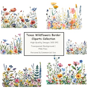 Watercolor Wildflower Border Clipart, Floral PNG Files, High-Quality Digital Download, Commercial Use, Invitation DIY, Craft Graphics