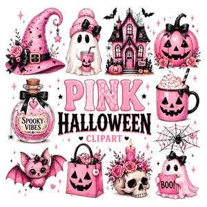 Może przedstawiać: Zbi&oacute;r r&oacute;żowych ilustracji clipart&oacute;w na Halloween. Zawiera kapelusz czarownicy, ducha, nawiedzony dom, dynię, butelkę z eliksirem, nietoperza, torbę na zakupy, czaszkę i kubek. Obecny jest r&oacute;wnież tekst "PINK HALLOWEEN CLIPART".