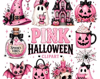 Pink Halloween Clipart Bundle | Pastel Goth Cute Ghost PNG | Girly Halloween Sublimation Designs | Pink Pumpkin PNG | Spooky Vibes Graphics