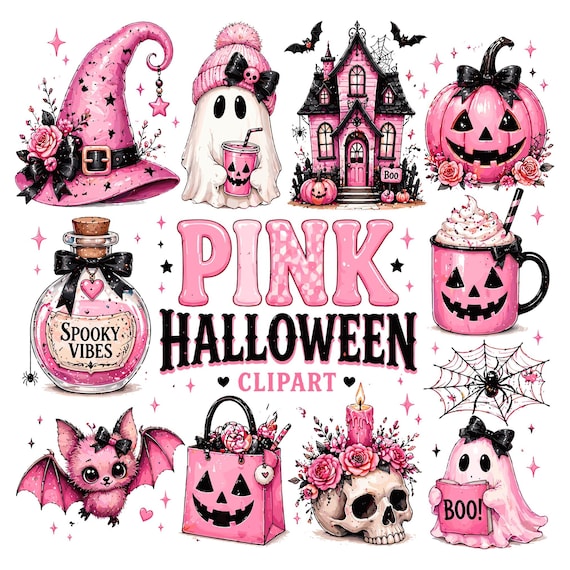 Pink Halloween Clipart Bundle | Pastel Goth Cute Ghost PNG | Girly Halloween Sublimation Designs | Pink Pumpkin PNG | Spooky Vibes Graphics