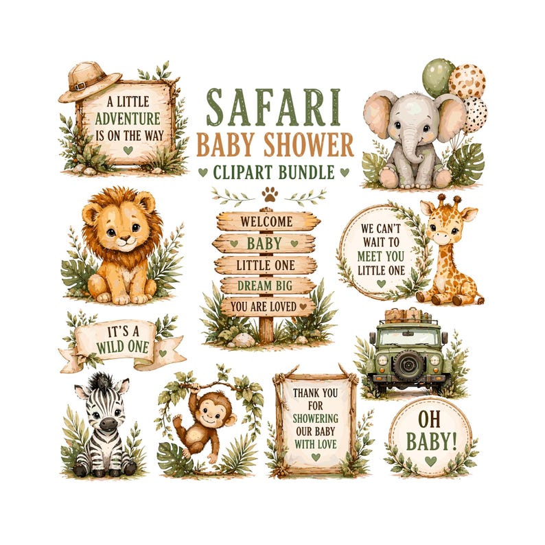 Safari Baby Shower Clipart Bundle, Watercolor Jungle Animal PNG, Wild ...