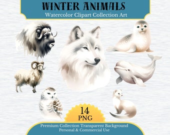 Watercolor winter Animals clipart 14 high quality PNG  snow winter animal illustration commercial use christmas stickers printables T-shirt