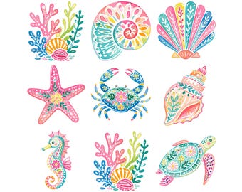 Sea Life Clipart Bundle | Colorful Ocean PNG | Floral Sea Turtle Seahorse Crab Clipart | Coastal Digital Graphics | Ornate Seashells PNG