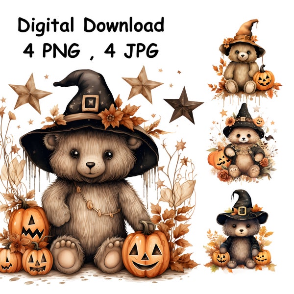 Boho Halloween Teddy Bear Clipart, PNG, JPGs, High Quality, Digital Planner, Paper crafts, Watercolor, Teddy bear,Cute Teddy bear