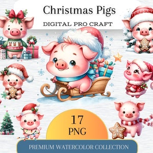 Akwarela Boże Narodzenie Prosiaczek clipart, 20 wysokiej jakości plików PNG, Xmas świnia, słodkie zwierzęta ilustracja, świąteczne, zimowe święta, wydruki