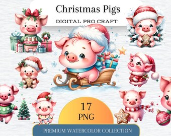 Watercolor Christmas Pig Clipart: Festive Holiday PNG (Digital Download)