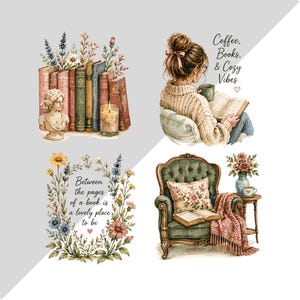 K&ouml;nnte beinhalten: Vier Illustrationen mit B&uuml;chern und gem&uuml;tlichen Motiven. Eine zeigt eine B&uuml;ste, B&uuml;cher und eine Kerze. Eine weitere zeigt eine lesende Person mit dem Text Coffee, Books, & Cozy Vibes. Ein Blumenkranz umgibt den Text Between the pages of a book is a lovely place to be. Die letzte zeigt einen Sessel mit einem Buch, einer Decke und einem Beistelltisch.