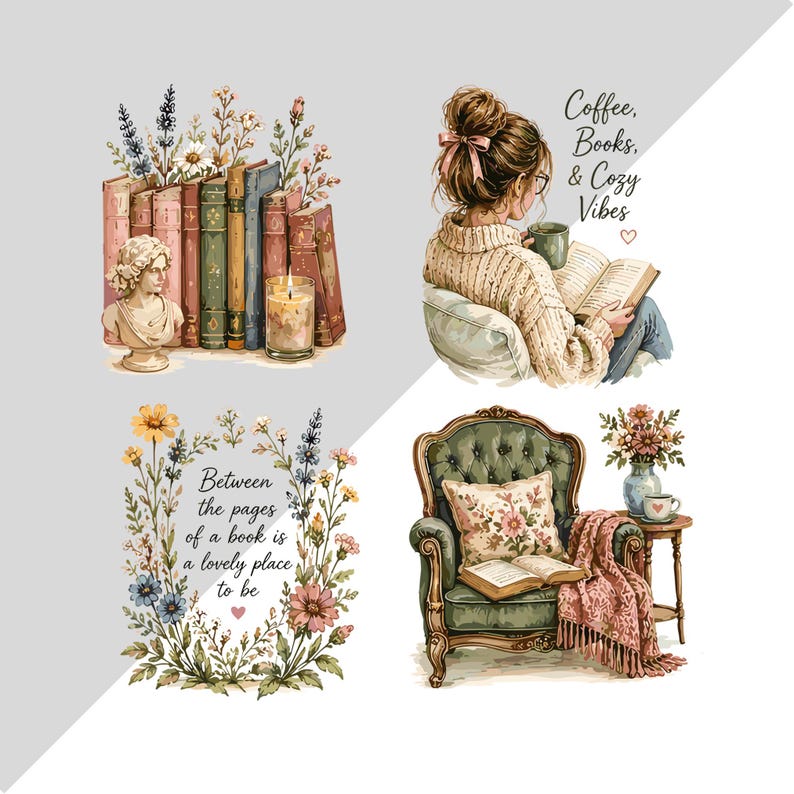 K&ouml;nnte beinhalten: Vier Illustrationen mit B&uuml;chern und gem&uuml;tlichen Motiven. Eine zeigt eine B&uuml;ste, B&uuml;cher und eine Kerze. Eine weitere zeigt eine lesende Person mit dem Text Coffee, Books, & Cozy Vibes. Ein Blumenkranz umgibt den Text Between the pages of a book is a lovely place to be. Die letzte zeigt einen Sessel mit einem Buch, einer Decke und einem Beistelltisch.