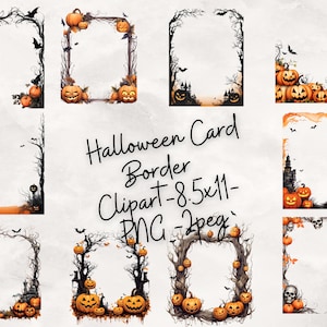 May include: Ten digital Halloween card borders featuring spooky trees, pumpkins, and a skull. The borders are 8.5x11 inches and are in PNG format.