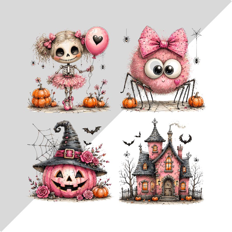 May include: A set of four Halloween-themed illustrations featuring a skeleton girl with a pink balloon, a fuzzy pink spider with a large bow, a pink jack-o'-lantern wearing a witch hat, and a pink haunted house, all accented with orange pumpkins.