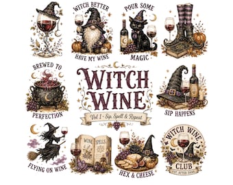 Paquete de imágenes prediseñadas de vino de bruja / Vino de Halloween PNG / Juegos de palabras divertidos de brujas para sublimación / Gráficos de vino espeluznantes / Descarga digital con estética de bruja
