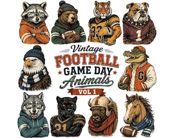 Paquete de imágenes prediseñadas de animales de fútbol vintage / Mascotas deportivas retro PNG / Diseños de sublimación para el día del partido / Arte de oso, tigre, bulldog, águila y pantera, vol. 1