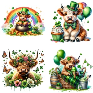 Joyeuse Saint-Patrick, vache Highland Clipart Bundle - Téléchargement numérique PNG pour la conception de cartes et de t-shirts