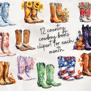 Aquarell Cowboy Boots 12 Monate Clipart Wild Western PNG digitale Bild-Downloads für die Kartenherstellung Scrapbook Junk Journal Papier Handwerk