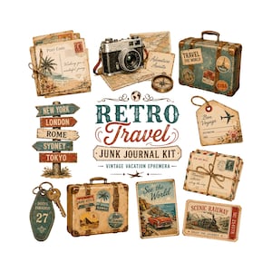 Peut inclure: Une collection d'éphémères sur le thème du voyage vintage comprenant un appareil photo, des valises, des cartes postales, une boussole, une étiquette de clé d'hôtel et un panneau indicateur. Le texte central indique RETRO Travel JUNK JOURNAL KIT.