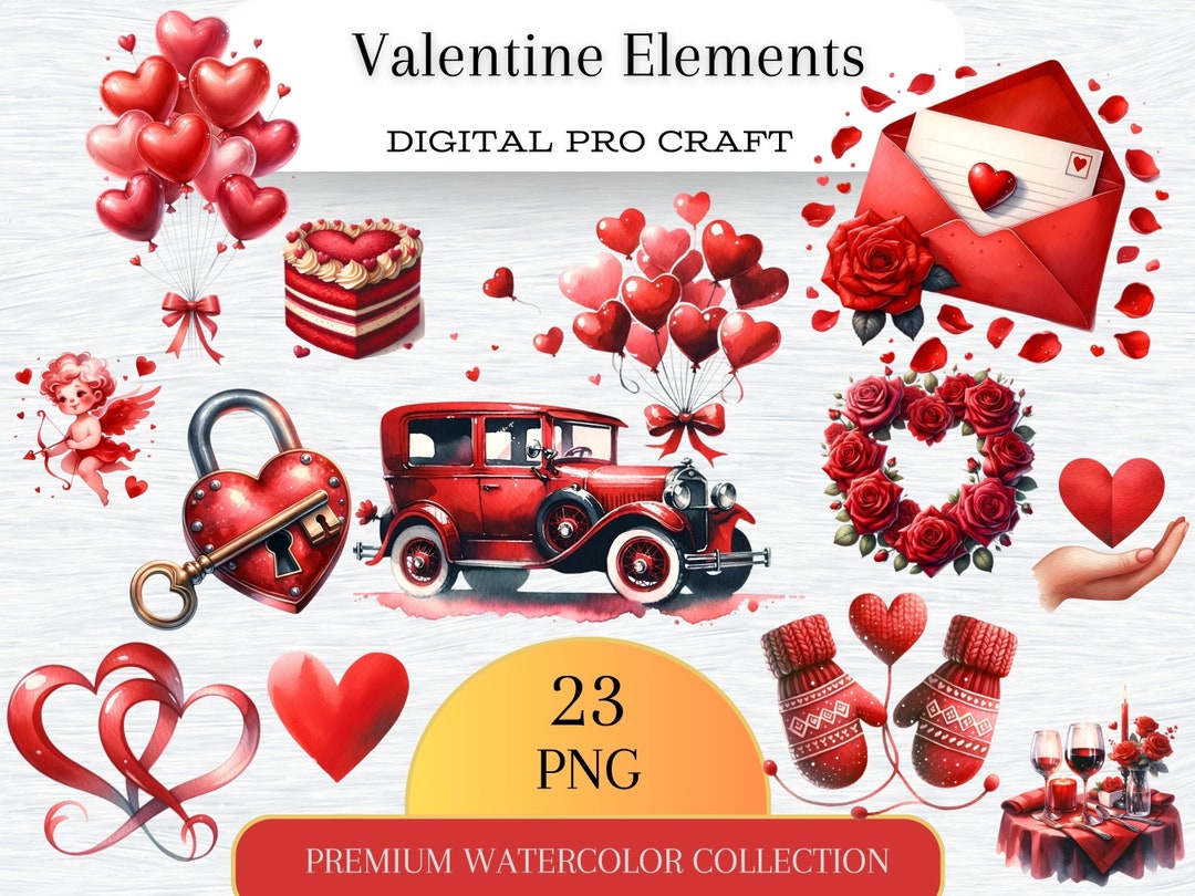 Watercolor Red Valentines Collection Clipart, 23 PNG Valentines Day ...
