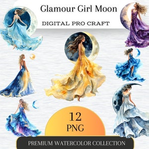 Glamour Girl Moon Light Dress Paquete de imágenes prediseñadas de acuarela, PNG transparente, Descarga digital, Fabricación de tarjetas Mujer hermosa, Ilustración de moda