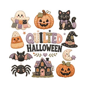 Peut inclure: Une collection d'illustrations matelassées sur le thème d'Halloween comprenant un fantôme, des citrouilles, un chat noir, un bonbon maïs, un chapeau de sorcière, une chauve-souris, une araignée, un croissant de lune et une maison, avec le texte QUILTED HALLOWEEN au centre.