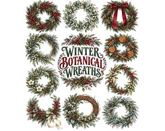 Winter Botanical Wreaths Clipart |Watercolor Christmas Wreath PNG Bundle |Pine, Berry & Eucalyptus Festive Floral Graphics |Digital Download