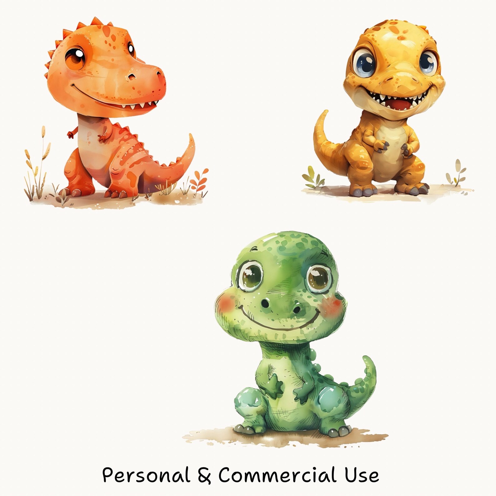 Baby Dinosaur Watercolor PNG Clipart Set, Cute Dinosaur Digital ...