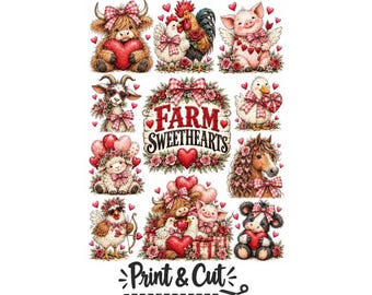 Valentine's Day Farm Animal Clipart Bundle, Highland Cow PDF, Rustic Farm Sweethearts Sublimation, Cute Pig & Sheep Print and Cut Graphics