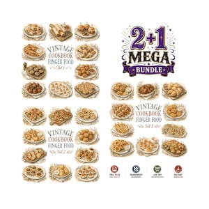 May include: A digital collection of vintage cookbook finger food illustrations featuring three volumes of appetizers. The text reads 2+1 MEGA BUNDLE, VINTAGE COOKBOOK FINGER FOOD Vol 1, Vol 2, and Vol 3. Includes various snacks on plates and boards.
