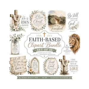 May include: A digital clipart bundle featuring ten faith-based designs including wooden crosses, a lion with a crown, floral wreaths, a mason jar with greenery, and a stone tomb. Each graphic includes religious text and scripture references.