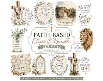 Faith Based Clipart Bundle, Bible Verse PNG, Christian Watercolor Graphics, Easter Cross Clipart, Religious Sublimation Designs, Set of 10