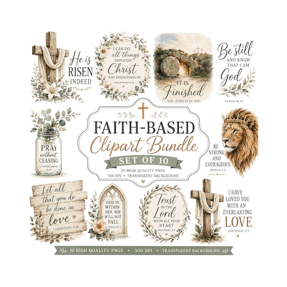 Faith Based Clipart Bundle, Bible Verse PNG, Christian Watercolor Graphics, Easter Cross Clipart, Religious Sublimation Designs, Set of 10