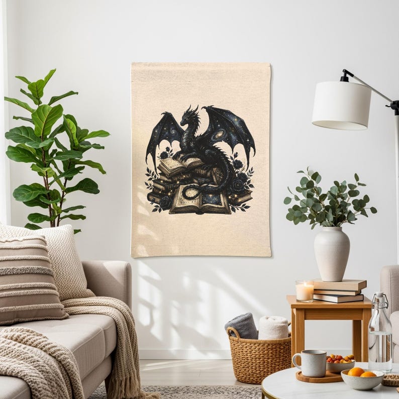 Gothic Dragon Wall Tapestry, Black Mythical Creature Art, Medieval Fantasy Home Decor, Large Wall Hanging for Living Room or Bedroom