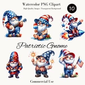 Patriottische kabouter clipart bundel, Independence Day digitale kunst, 4 juli afdrukbare, aquarel PNG kabouters, patriottische decoraties