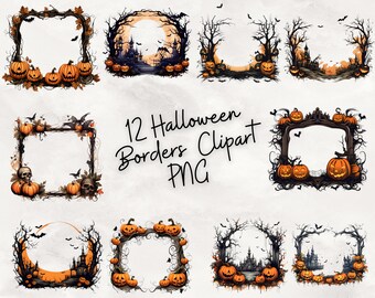 12 Halloweenowych clipartów z obramowaniem – wysokiej jakości png – Upiorne cliparty, Użytek komercyjny, Pobieranie cyfrowe, Tworzenie kartek, Grafika wektorowa, Cyfrowe rzemiosło