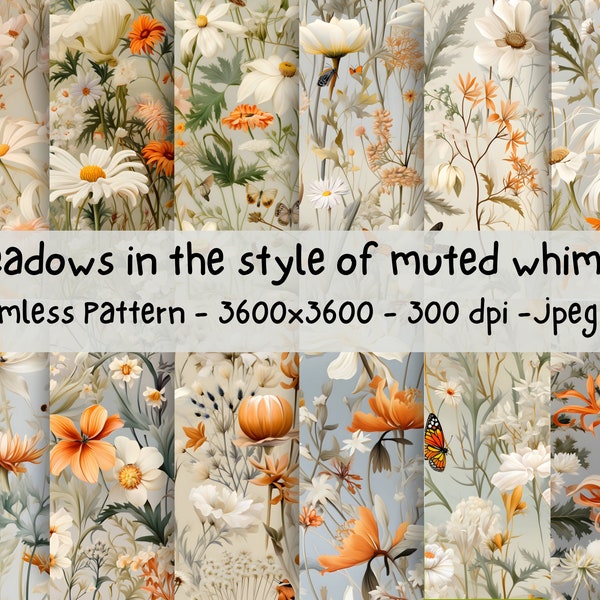 Floral Meadows in the style of muted whimsy Versatile Digital Paper Seamless Patterns| High-Quality JPEG & Royalty-Free-Instant Download
