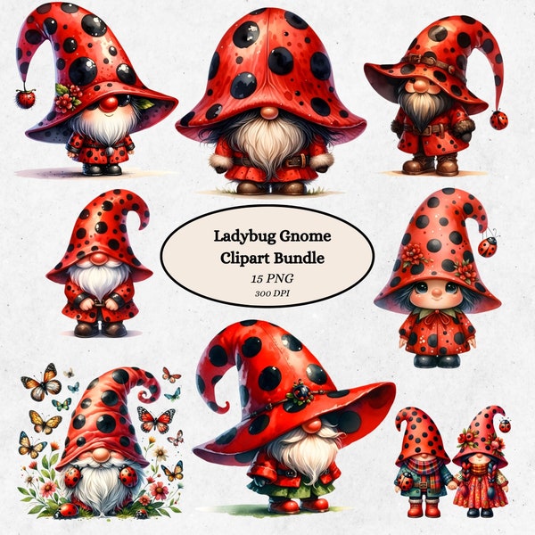 Ladybug Gnome Clipart Bundle, Cute Garden Gnomes, Digital Download, PNG Files for Crafts, Red Polka Dot Mushroom Fantasy Art, Scrapbooking