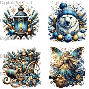Blue and gold Christmas clipart bundle, Snowman png graphics, Santa Claus png files, Christmas clipart bundle, Christmas png bundle